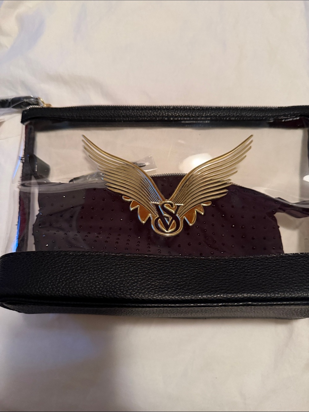 Victoria's Secret Black Clear Cosmetic Case with Gold Wing Accent